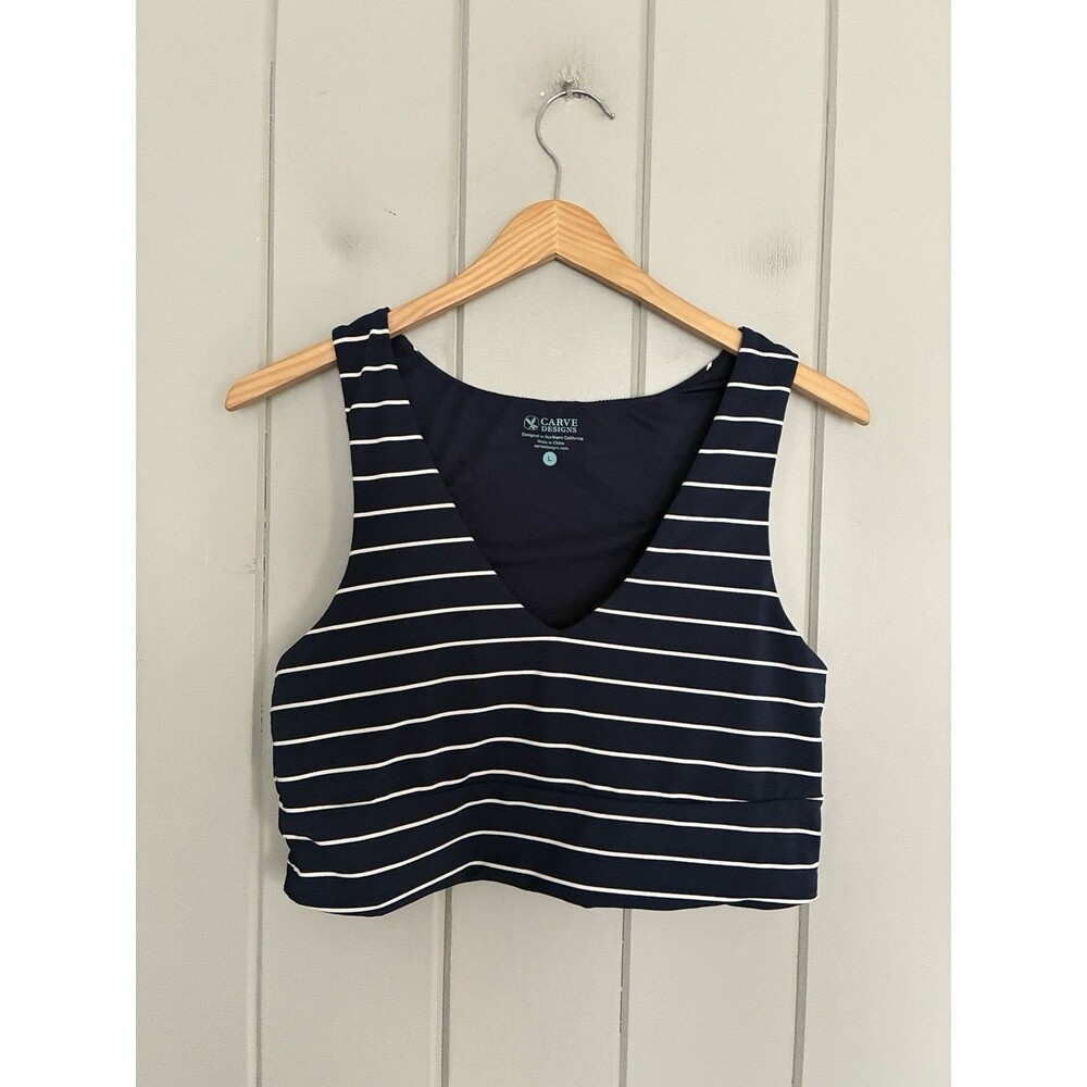 Carve Designs Tofino Swim Top L Large Navy Blue White Stripe V-Neck